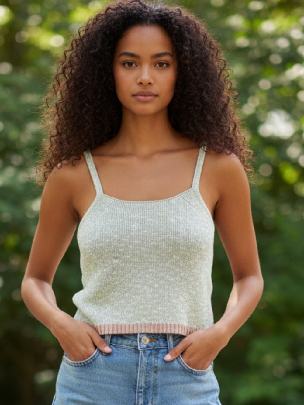 Promesa Sage Green  Knit Tank with Mocha Hem